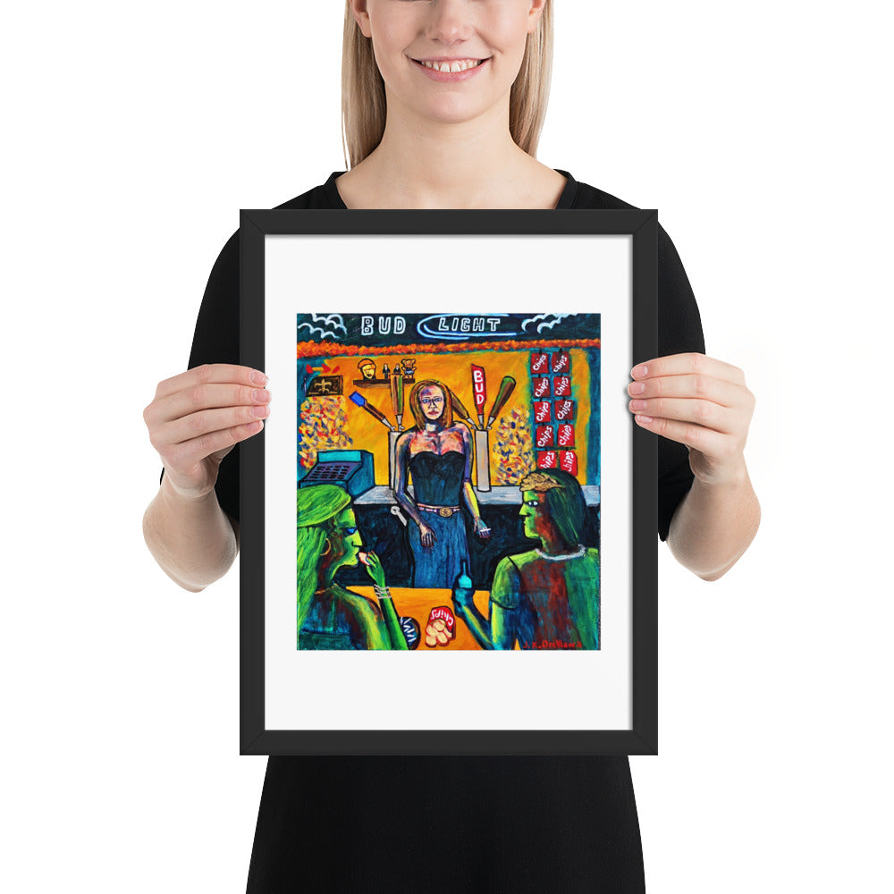 Bud Light Dreams with Julius Ceasar framed matte poster, shown held up by a person: a woman at the bar beneath a BUD LIGHT banner, a Julius Caesar bust on the shelf behind.