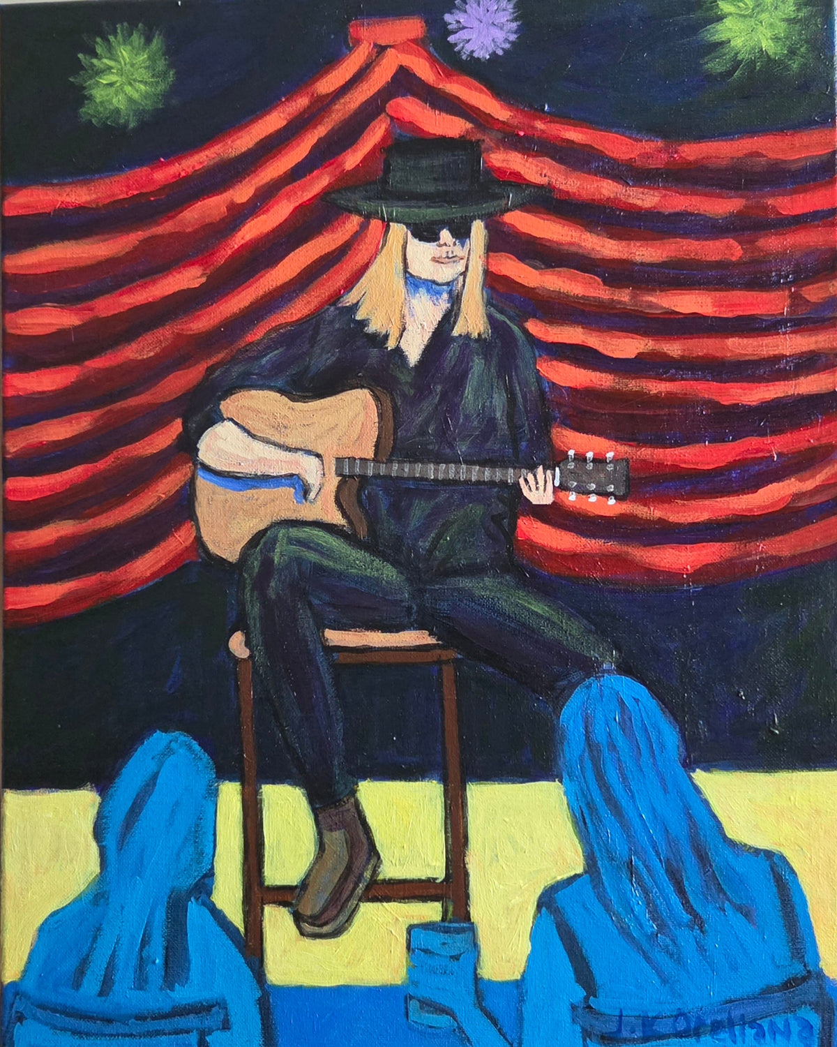 Guitar Player: a hatted guitarist on a stool against a red-draped backdrop. Original acrylic painting by James Orellana.