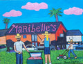 Maribelle's Bar: the MARIBELLE'S sign, palm trees and straw-hat figures grilling barbecue. Original acrylic painting by James Orellana.