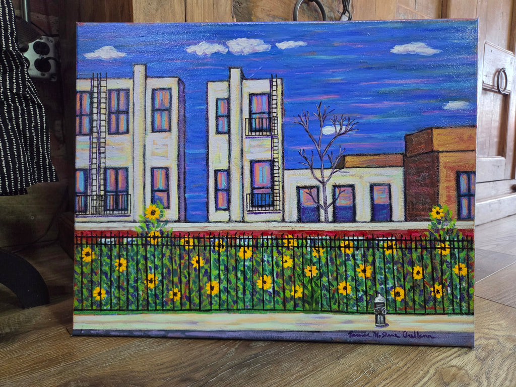 Sunflowers in Queens NYC: art-deco brownstones with sunflowers growing along a wrought-iron fence. Original acrylic painting by James Orellana.